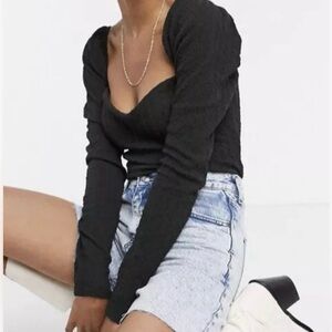 Free People Brittany top washed black S sweetheart neck stretch puff sleeve
